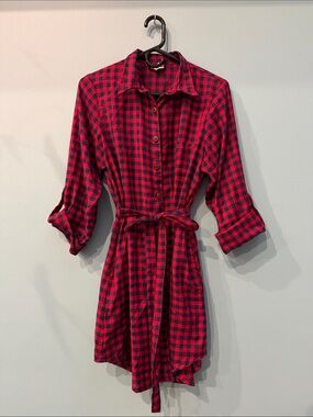 Mata Traders Gingham Checkered Shirt Dress - Red & Blue Large
